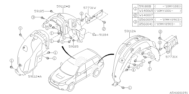 2010 Subaru Forester Mud Guard Rear RHC Diagram for 59122SC041