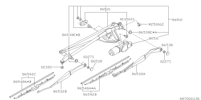 2002 Subaru Outback Windshield Wiper Assistor Arm Assembly Diagram for 86542AE11A