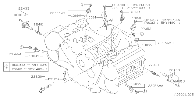 2019 Subaru Legacy Knock Sensor Assembly Diagram for 22060AA18A