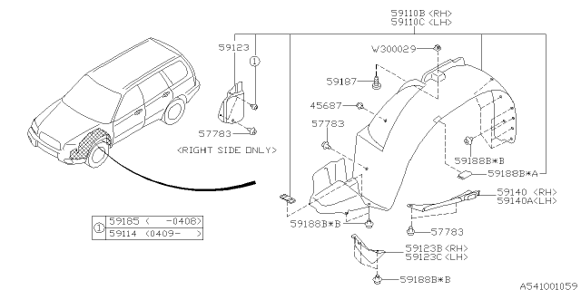 2005 Subaru Forester Mud Guard Front LH Diagram for 59110SA011