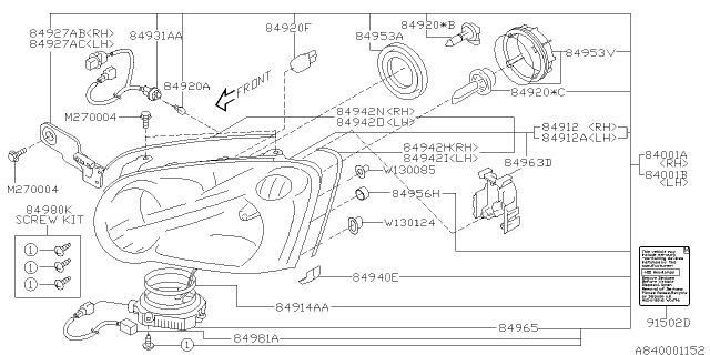2004 Subaru Impreza STI Driver Side Headlamp Assembly Diagram for 84001FE510