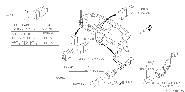 2007 Subaru Impreza Switch Assembly Hazard Diagram for 83037FE030