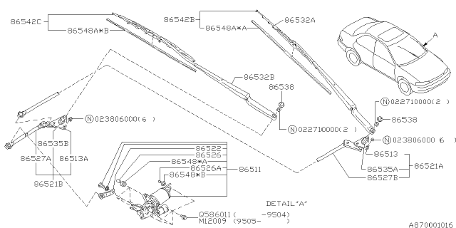 1995 Subaru Impreza Windshield Wiper Assistor Arm Assembly Diagram for 86532FA050