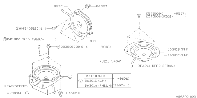 1995 Subaru Impreza Speaker Assembly Diagram for 86301FA010