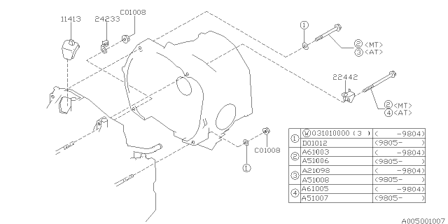 1994 Subaru Impreza Timing Hole Plug & Transmission Bolt Diagram
