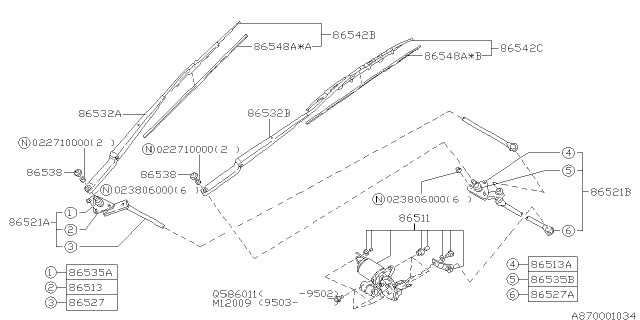 1996 Subaru Legacy Windshield Wiper Assistor Arm Assembly Diagram for 86532AC160
