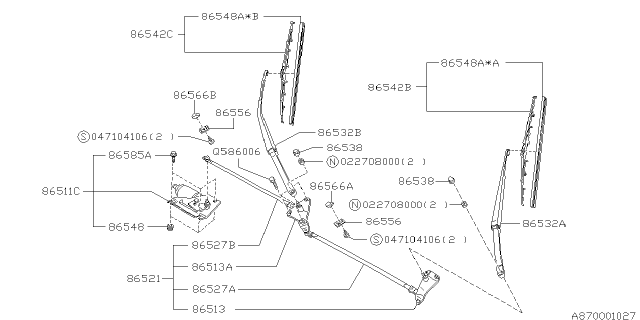 1997 Subaru SVX Windshield Wiper Assistor Arm Assembly Diagram for 86542PA060