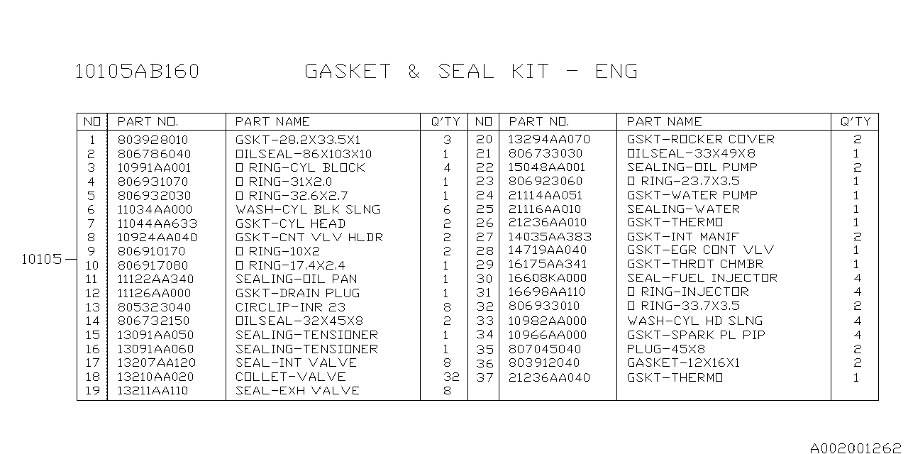 Subaru 10105AB410 Gasket & Seal Set Engine