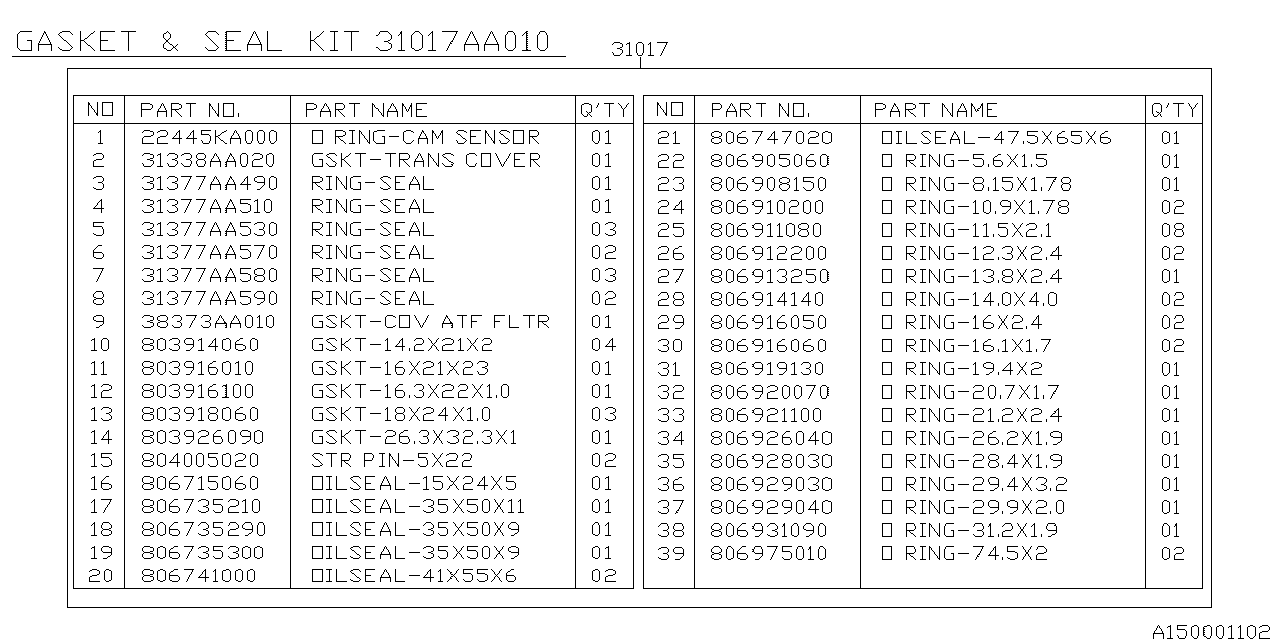 Subaru 31017AA010 Gasket & Seal Kit