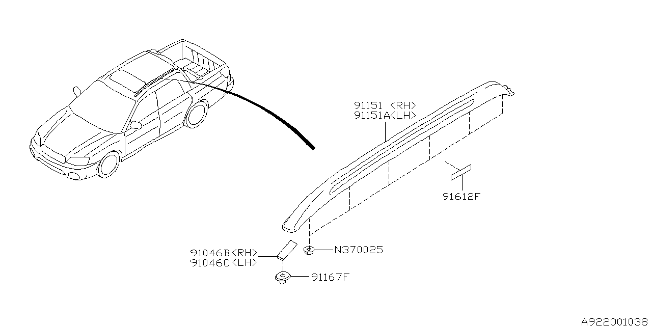 Subaru 91046AE07AHE Molding (Roof) LH