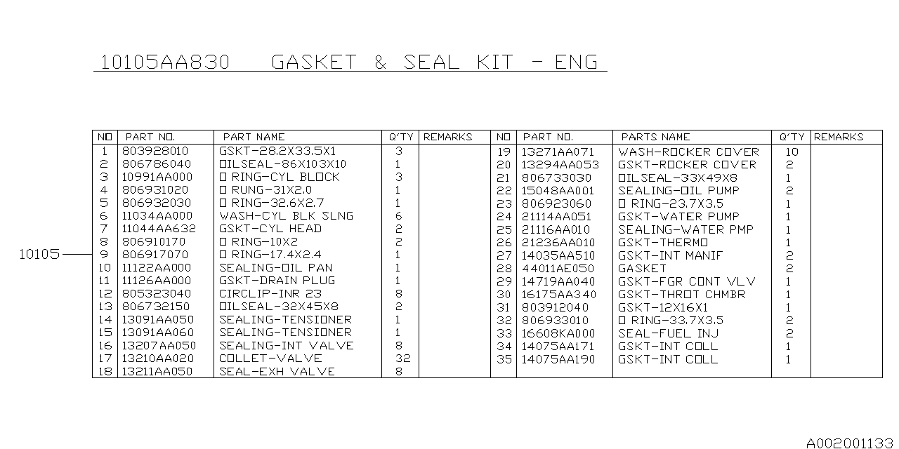 Subaru 10105AA980 Gasket And Seal Kit ENGIN