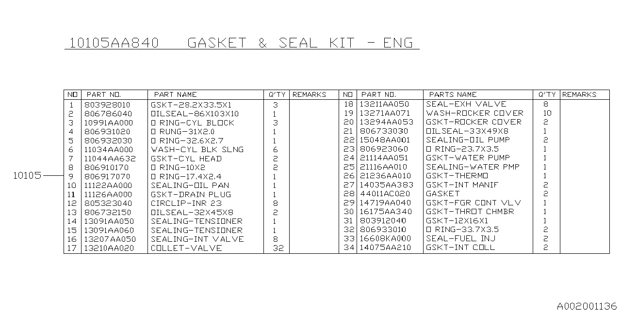 Subaru 10105AA830 Gasket And Seal Kit Engine