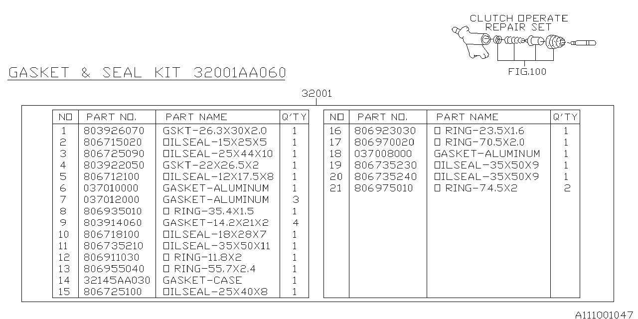 Subaru 32001AA070 Gasket & Sl Set - Mt