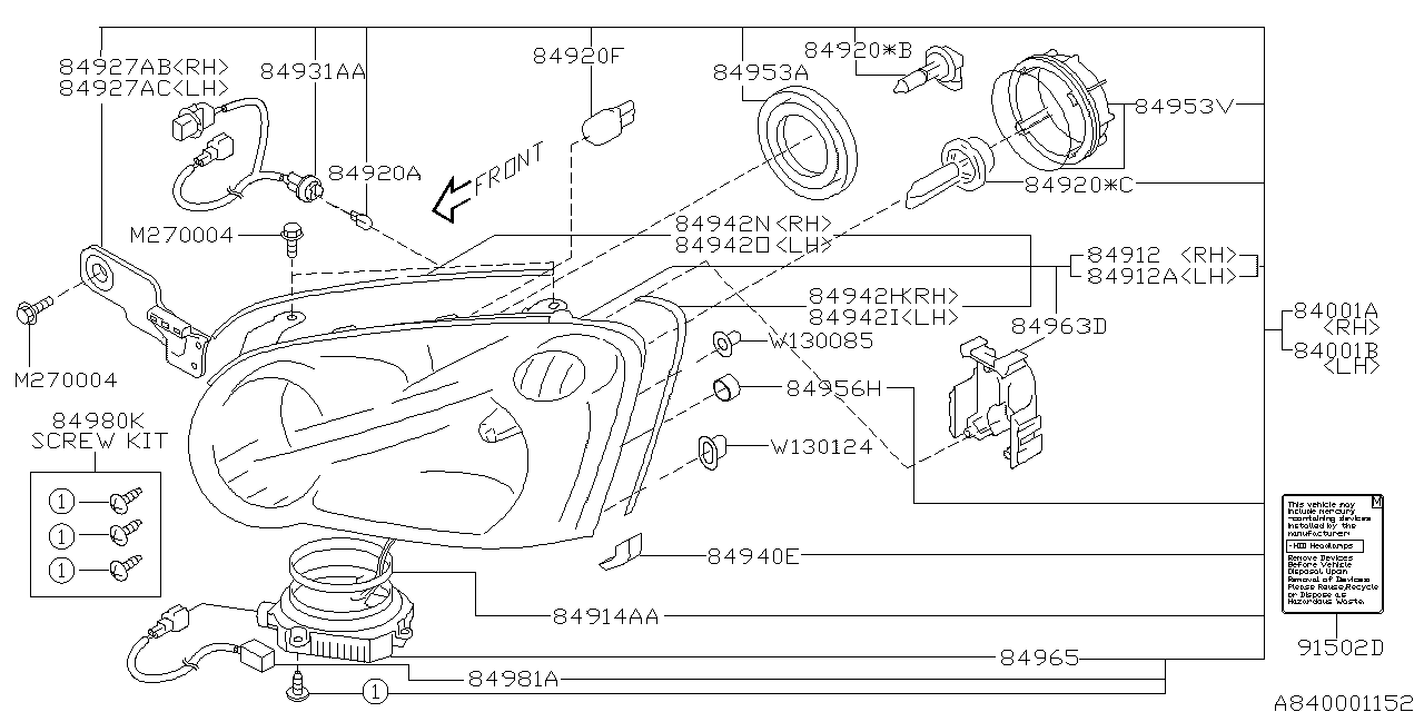 Subaru 84980FE000 Screw Kit Hid