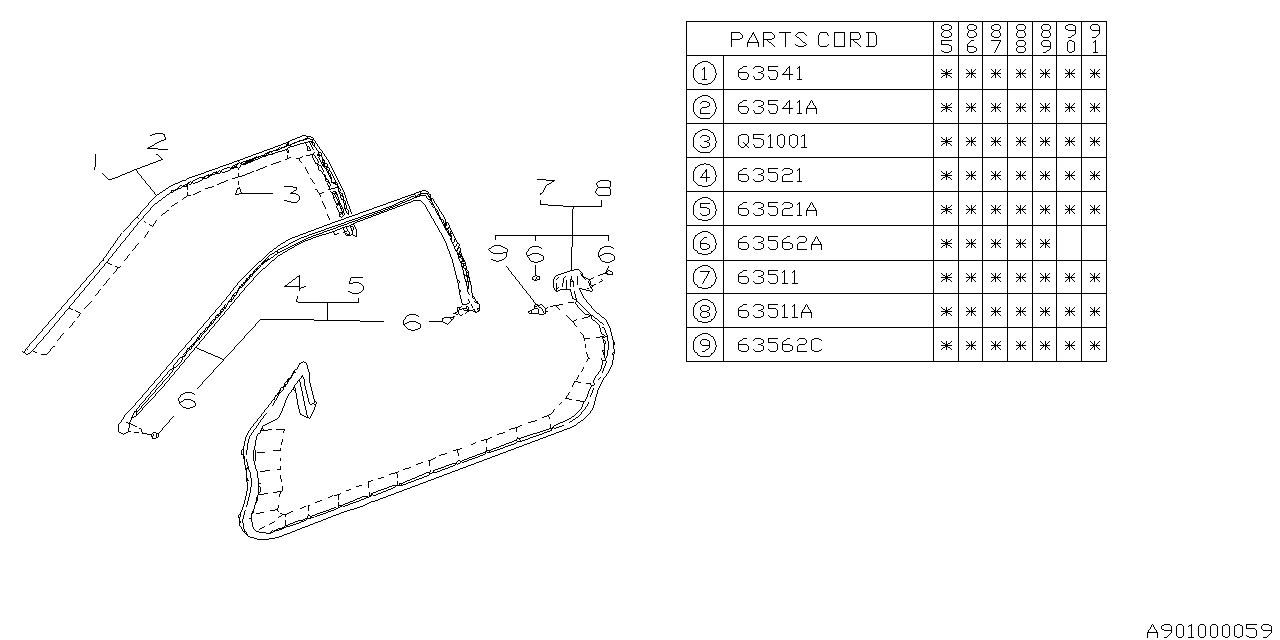 Subaru 90367GA820 WEATHERSTRIP Roof Side RH