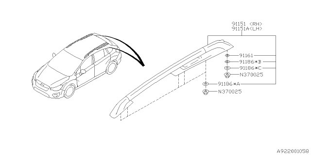 2015 Subaru XV Crosstrek Roof Rail Diagram