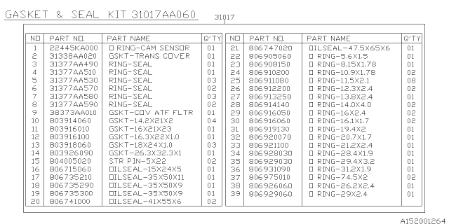 2015 Subaru XV Crosstrek Gasket & Seal Kit Diagram for 31017AA080