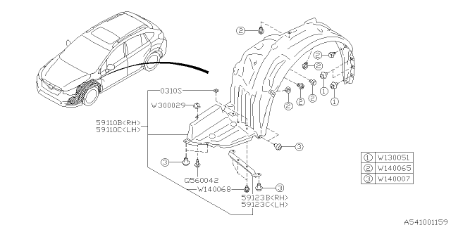 2014 Subaru XV Crosstrek Mud Guard Assembly Front LH Diagram for 59110FJ050