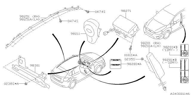 2012 Subaru Impreza Air Bag Module Assembly C WLH Diagram for 98251FJ050