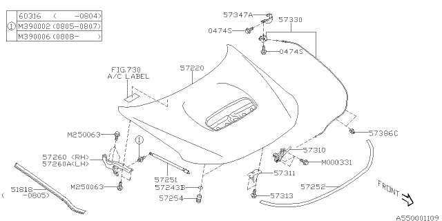 2010 Subaru Forester Front Hood & Front Hood Lock Diagram