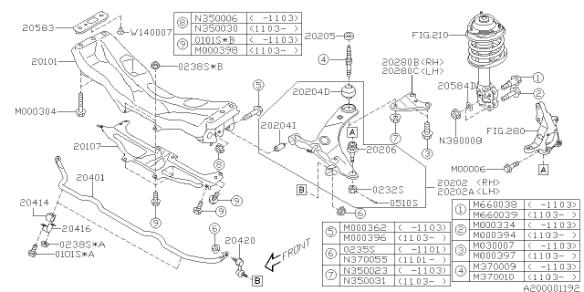 2011 Subaru Forester Support Arm Front Diagram for 20107AG000