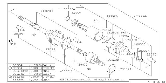 2009 Subaru Forester Front Axle Shaft Assembly Diagram for 28321SC000