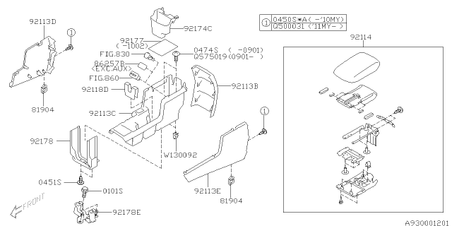 2010 Subaru Forester Console Box Lid Assembly Diagram for 92114SC010JC