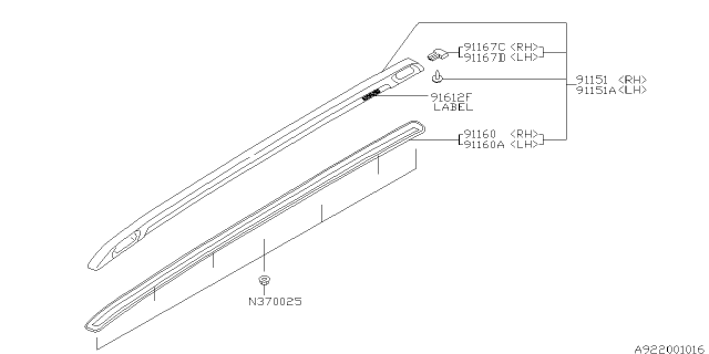 1999 Subaru Forester Cap Roof Rail Rear RH Diagram for 91077FC020