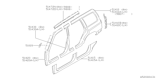 2000 Subaru Forester Front Pillar Out Complete LH Diagram for 51402FC090