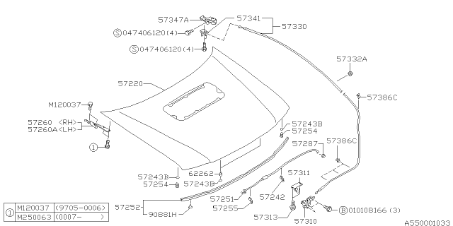 2000 Subaru Forester Hinge Complete Hood RH Diagram for 57260FC000