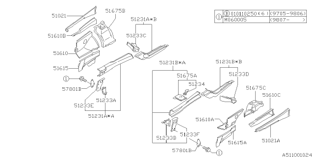 2001 Subaru Forester Frame Side Complete Front RH Diagram for 51620FC401