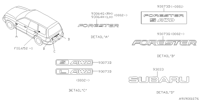 1999 Subaru Forester Letter Mark Trunk Diagram for 93071FC010