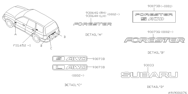 1999 Subaru Forester Letter Mark Trunk Diagram for 93071FC020