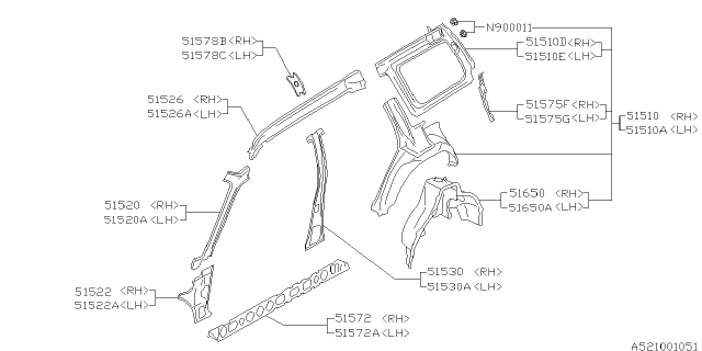 1999 Subaru Forester Side Rail Inner Complete LH Diagram for 51515FC051