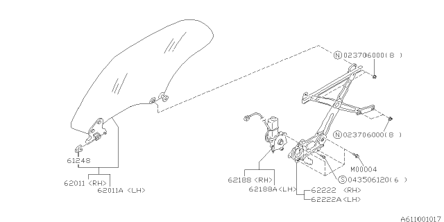 2001 Subaru Forester Rear Door Parts - Glass & Regulator Diagram