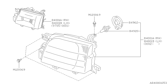 1999 Subaru Forester Passenger Side Headlamp Assembly Diagram for 84001FC100