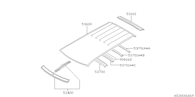 2000 Subaru Forester Brace Complete Roof Center Diagram for 53701FC070