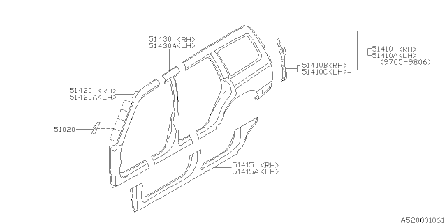 1998 Subaru Forester Rear Quarter Outer Complete RH Diagram for 51402FC040