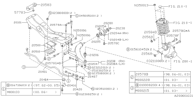 2001 Subaru Forester Front Suspension Cross Member Complete Diagram for 20100FA003