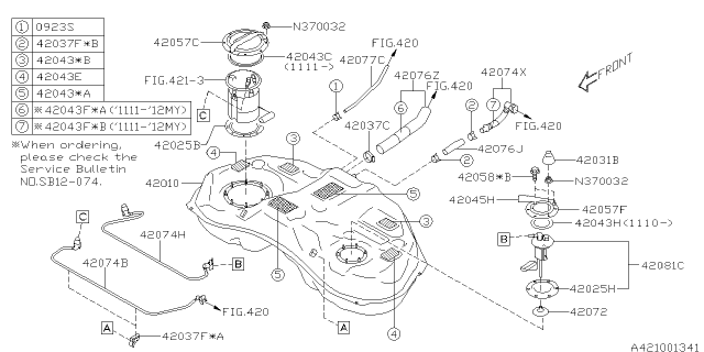 2012 Subaru Impreza PB001190 Tube Air Vent Us Diagram for 42074FJ020