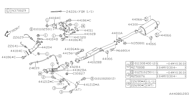 2004 Subaru Legacy Center Exhaust Pipe Assembly Diagram for 44102AE200