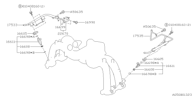 2000 Subaru Legacy INJECTOR Sub Assembly Diagram for 16611AA34A