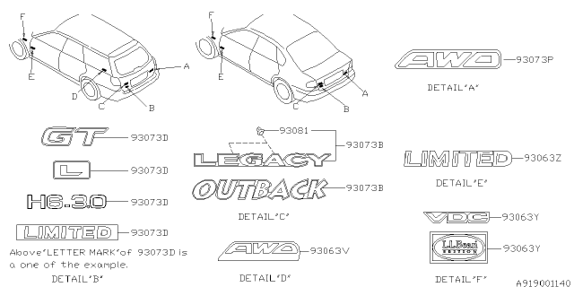 2002 Subaru Legacy Letter Mark Trunk Lid Diagram for 93073AE420