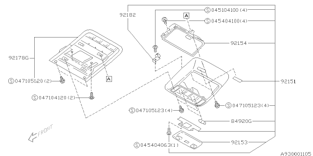 2002 Subaru Legacy Over Head Console Assembly Diagram for 92151AC000GF