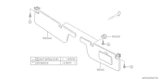 2003 Subaru Outback Right Sun Visor Assembly Diagram for 92011AE16BOB