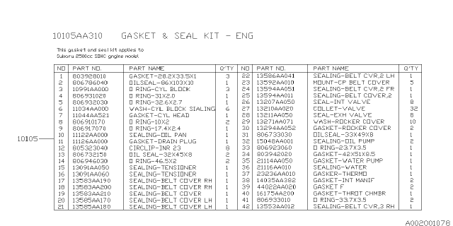 2002 Subaru Legacy Engine Gasket & Seal Kit Diagram 1
