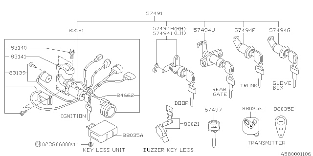 2001 Subaru Outback Key Kit & Key Lock Diagram
