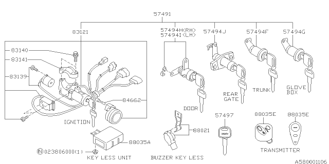 2000 Subaru Outback Key Kit & Key Lock Diagram