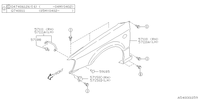 2004 Subaru Legacy Fender Front RH Diagram for 57120AE06A