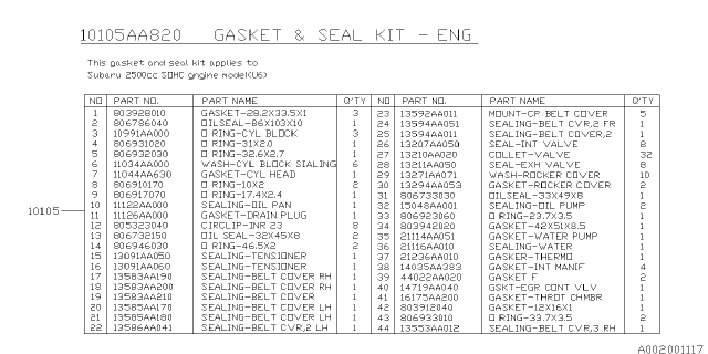 2004 Subaru Outback Gasket And Seal Kit ENGIN Diagram for 10105AA810